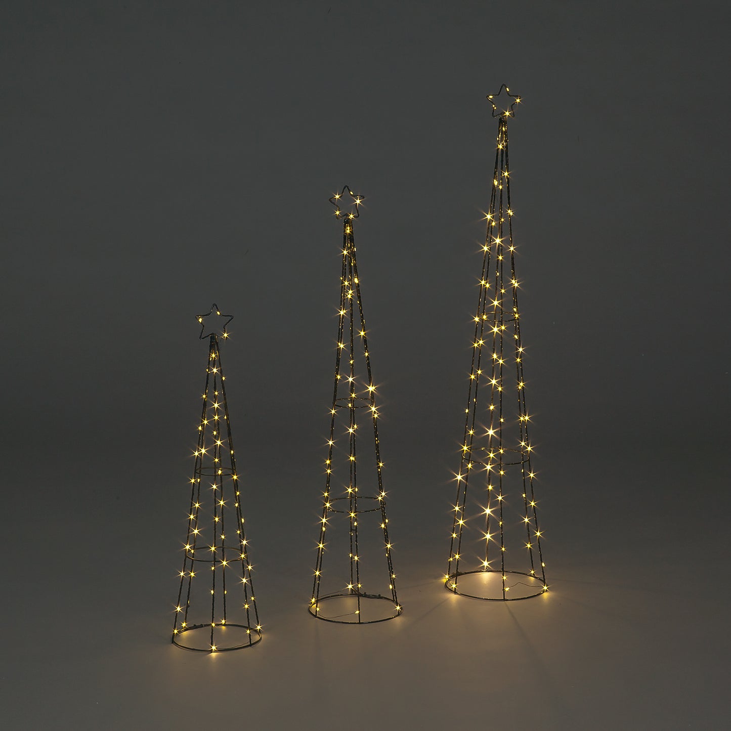 Set Of 3 Christmas Iron Cone Towers With Warm White Copper Wire Static LEDs 60/80/95cm