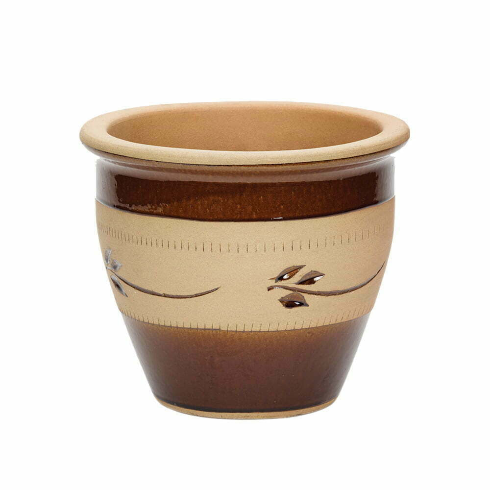 Carved Malay Ceramic Planter Pot Brown Leaves 22cm