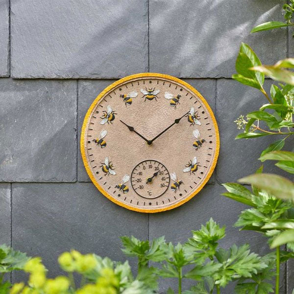 Beez Outdoor Wall Clock and Thermometer 12in