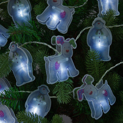 String lights shaped like cartoon dogs on a Christmas tree.