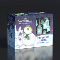 Box of 'The Snowman and the Snowdog' festive lights with snowman and dog illustration on a dark background.