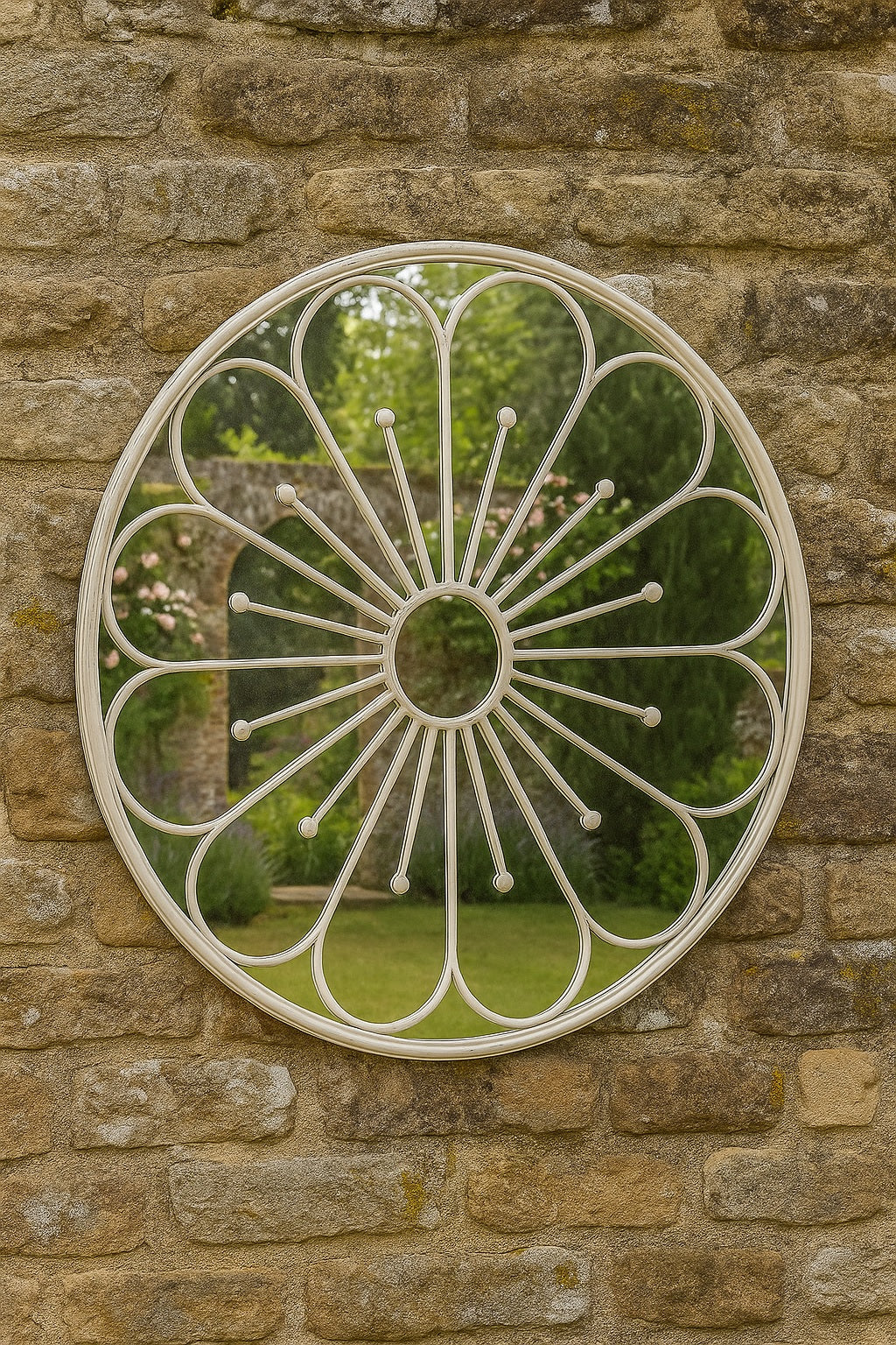 80cm Large Outdoor Round White Flower Garden Mirror
