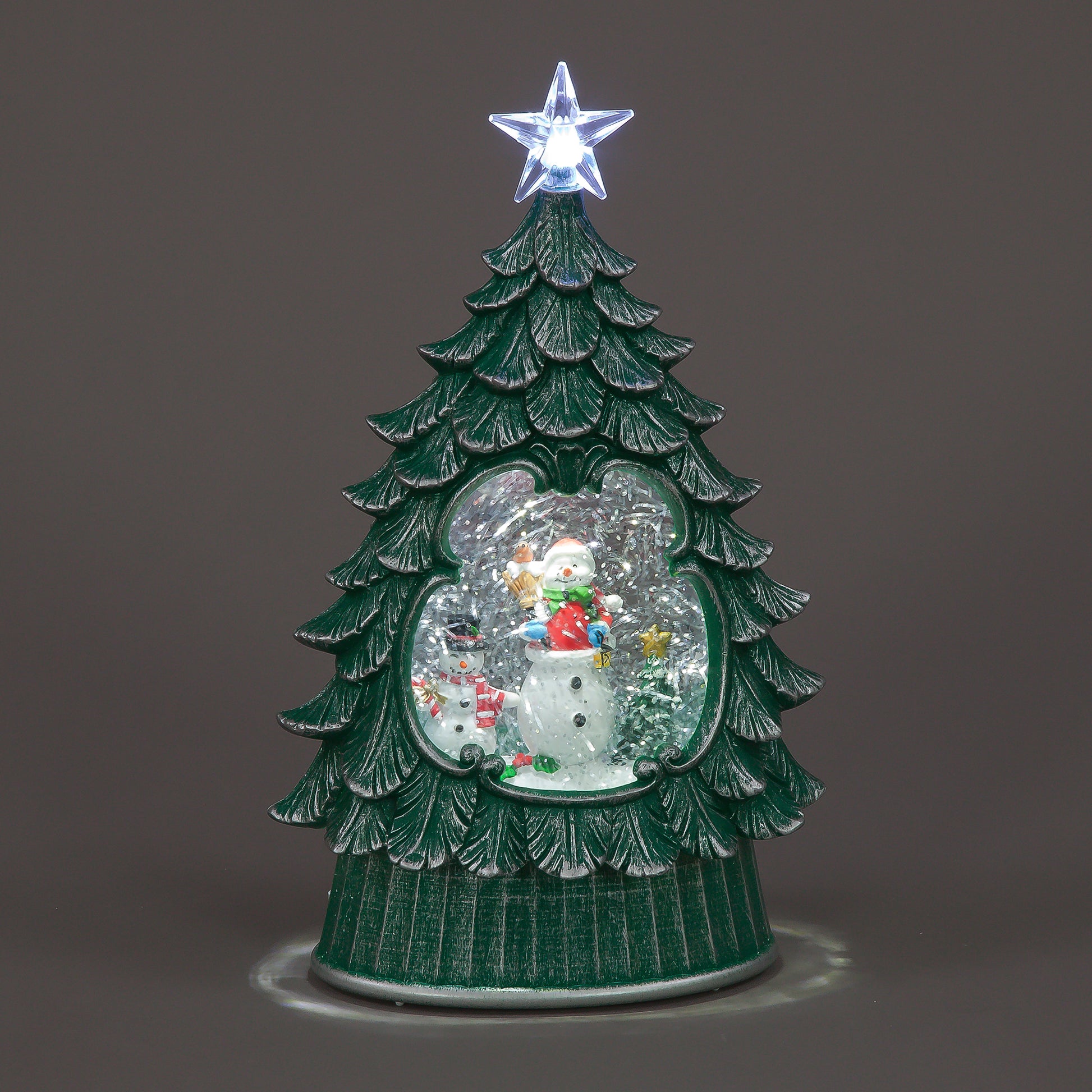 Decorative Christmas tree with snowman and star on a gray background