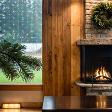 Cozy living room with a fireplace, Christmas tree branch, and snowy window view.