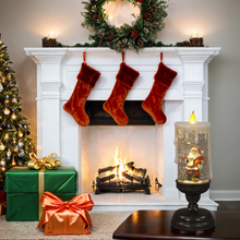 Christmas fireplace with stockings, wreath, and decorative items.