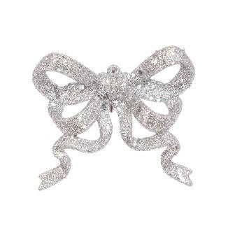 Glittered Bow Clip 11cm Silver