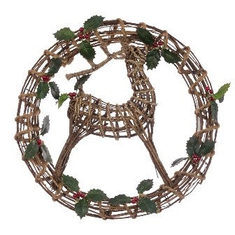 Rattan Deer Wreath W/Holly 56