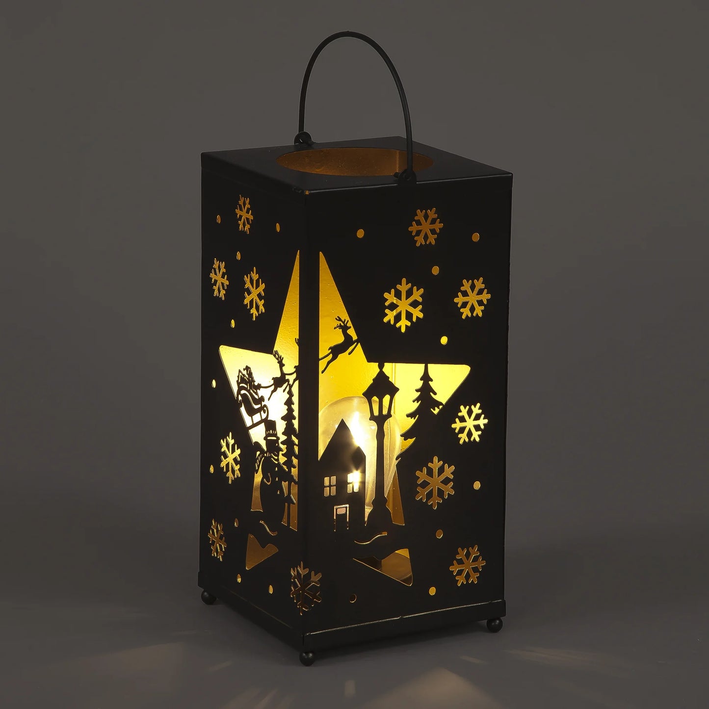 B/O 24cm Square Metal Lantern w/Christmas Scene
