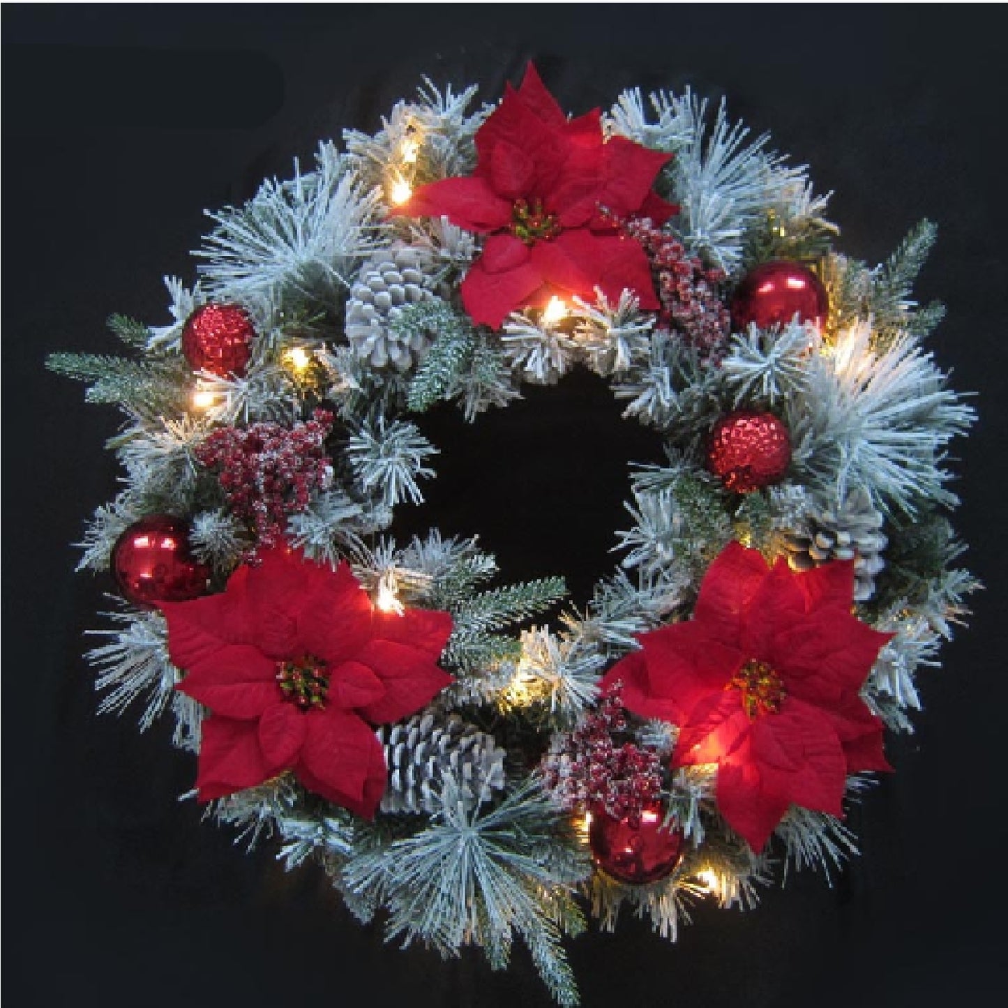 60cm Red Poinsettia, Pinecone Ornament Flocked LED Wreath