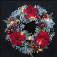 60cm Red Poinsettia, Pinecone Ornament Flocked LED Wreath