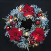 60cm Red Poinsettia, Pinecone Ornament Flocked LED Wreath