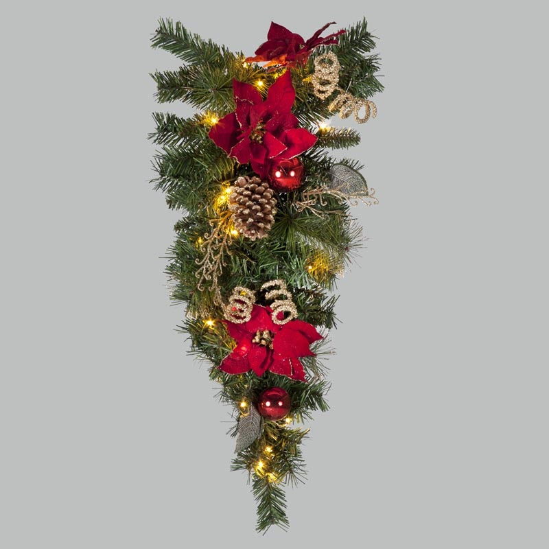 Battery Operated 76cm Red Poinsettia Teardrop with Pine Cones, Berries & 25 LEDs
