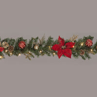 Battery Operated 180cm Red Poinsettia Garland w/25 LEDs w/Timer Christmas Garland