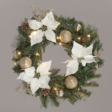 Battery Operated 60cm White Poinsettia Wreath w/25 LEDs w/Timer Christmas Wreath