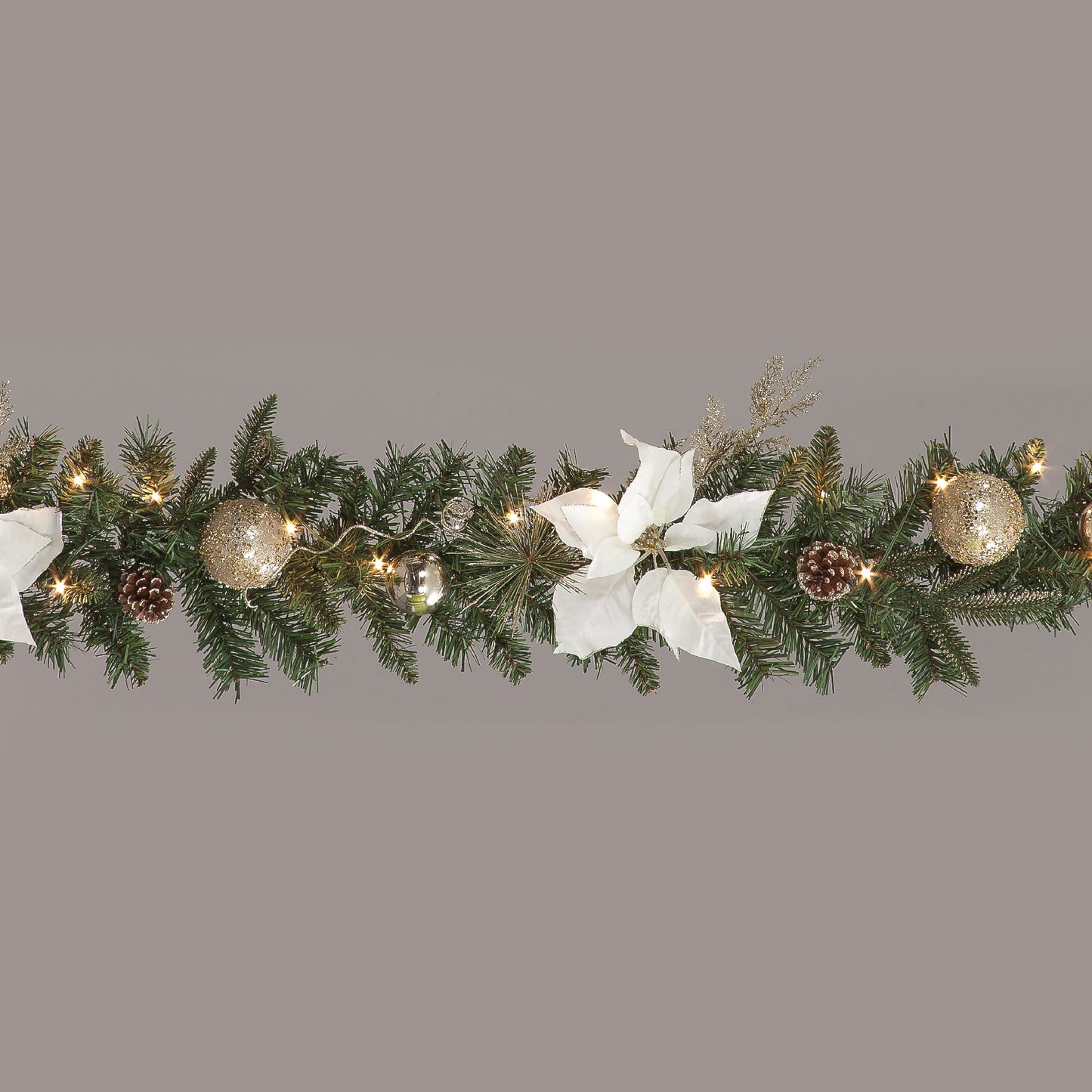 Battery Operated 180cm White Poinsettia Garland w/25 LEDs w/Timer Christmas Garland