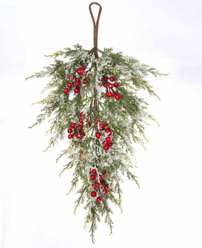 61cm Snow Red Berry & Cypress Pine Teardrop Christmas Decoration