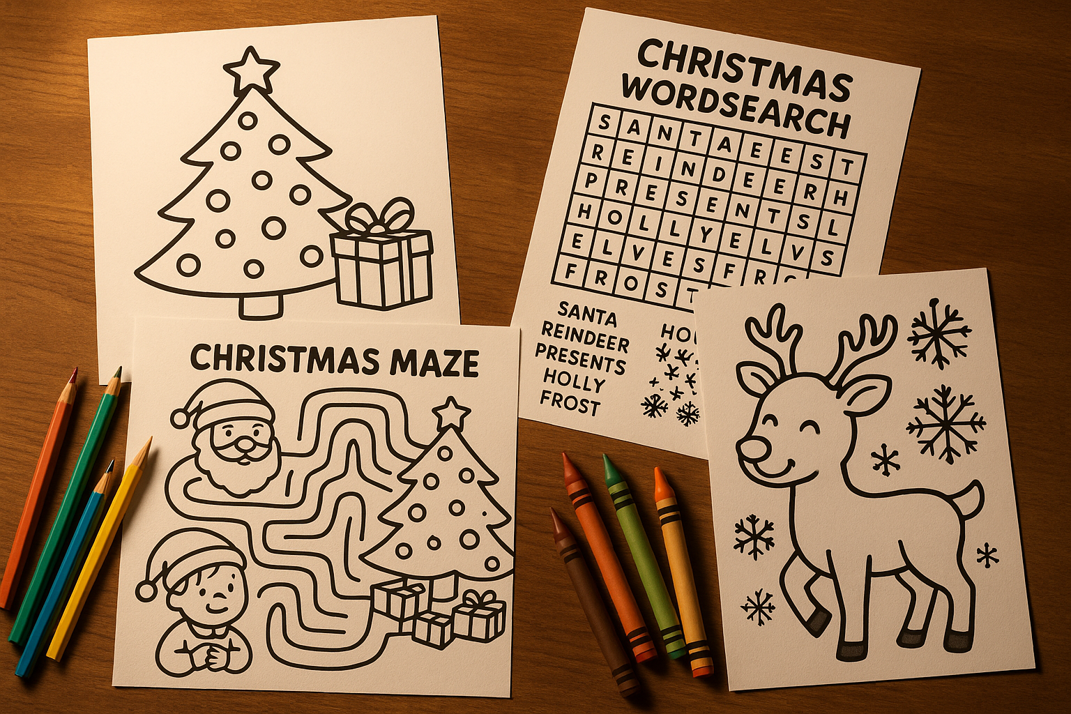 Christmas themed colouring sheets, wordsearch and maze on a table
