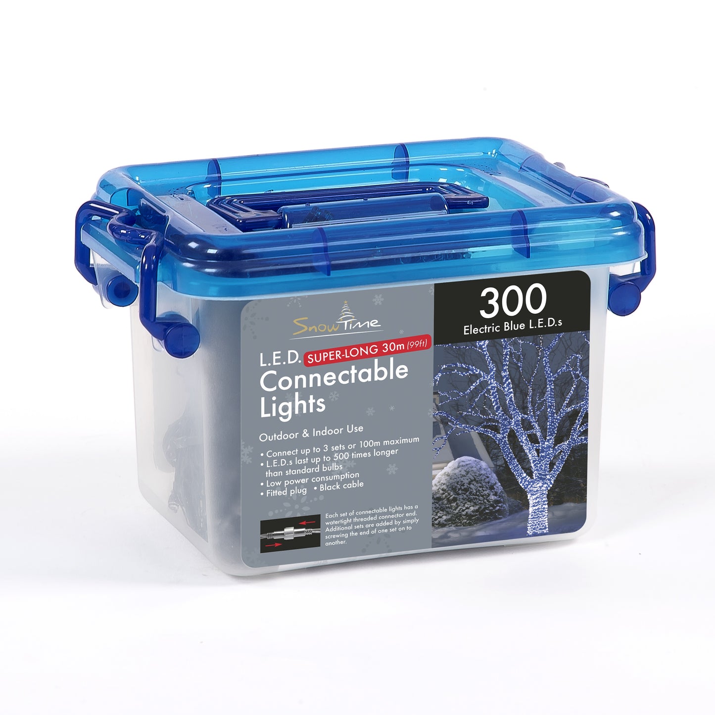Tub of 300 Connectable Electric Blue LED Christmas Lights