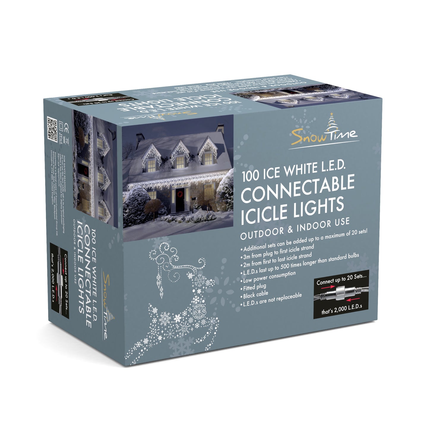 100 Static Ice White Connectable Outdoor & Indoor LED Christmas Icicle Lights