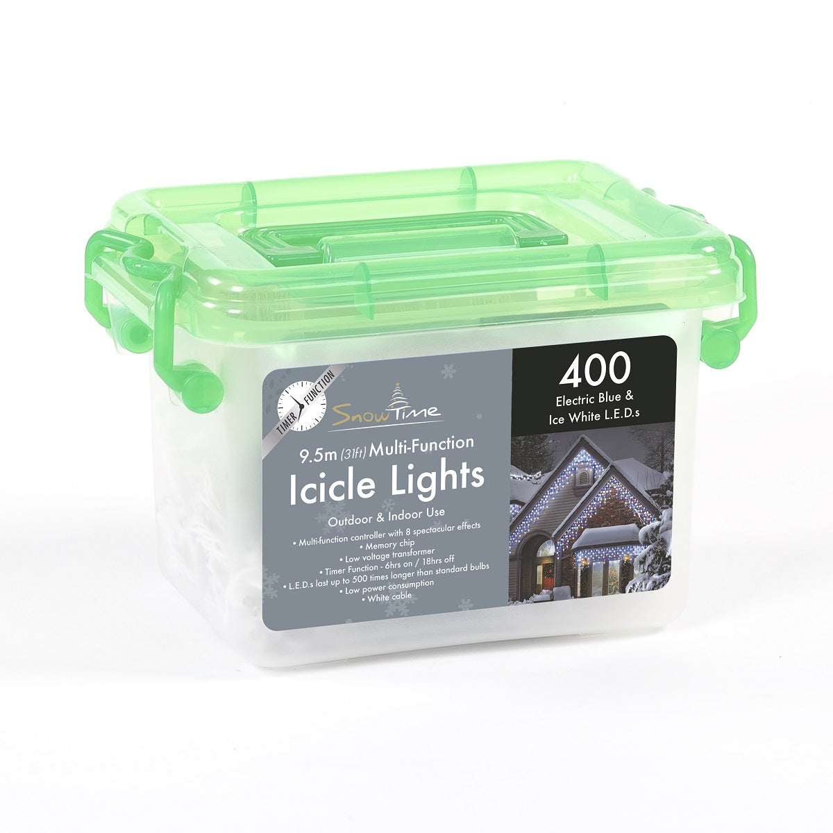 400 Blue & Ice White LED Chasing Icicle Lights With Timer