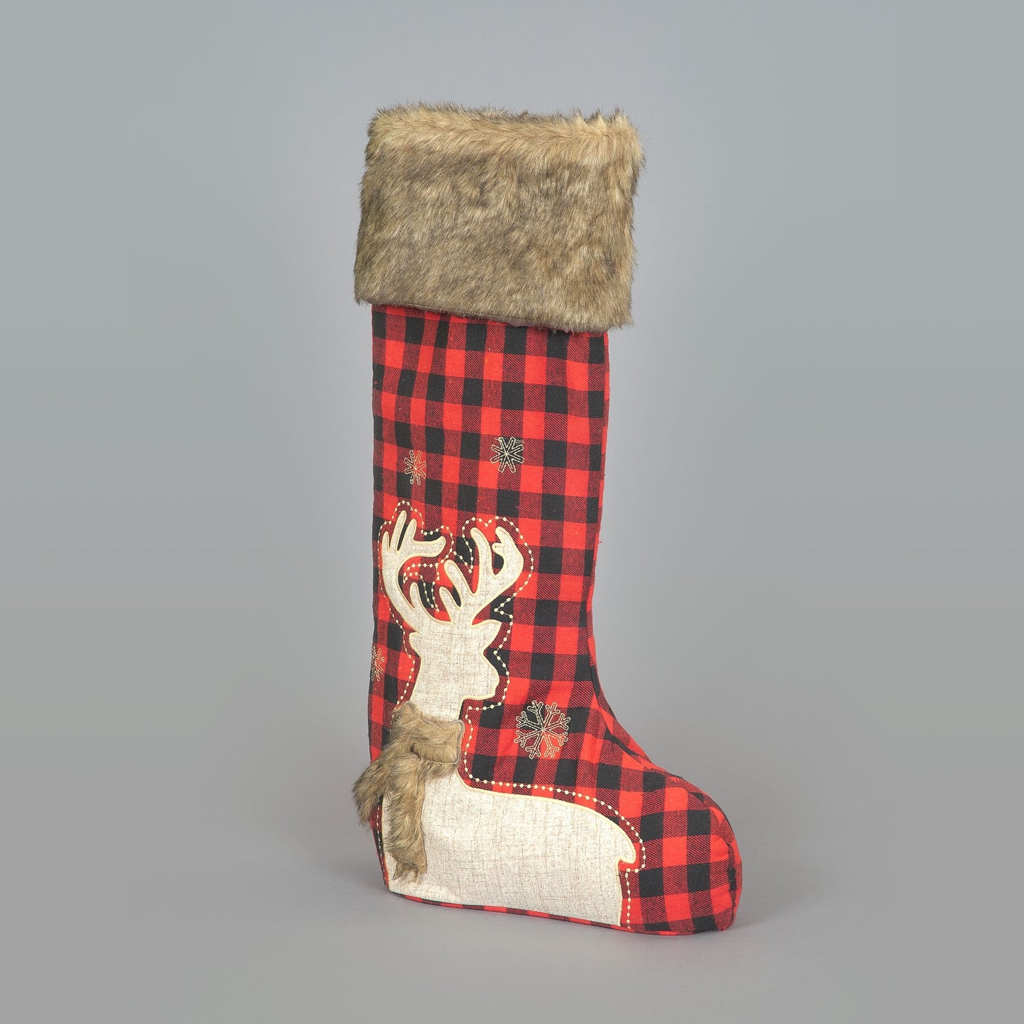60cm Free Standing Christmas Stocking with Deer Design and Fur Cuff
