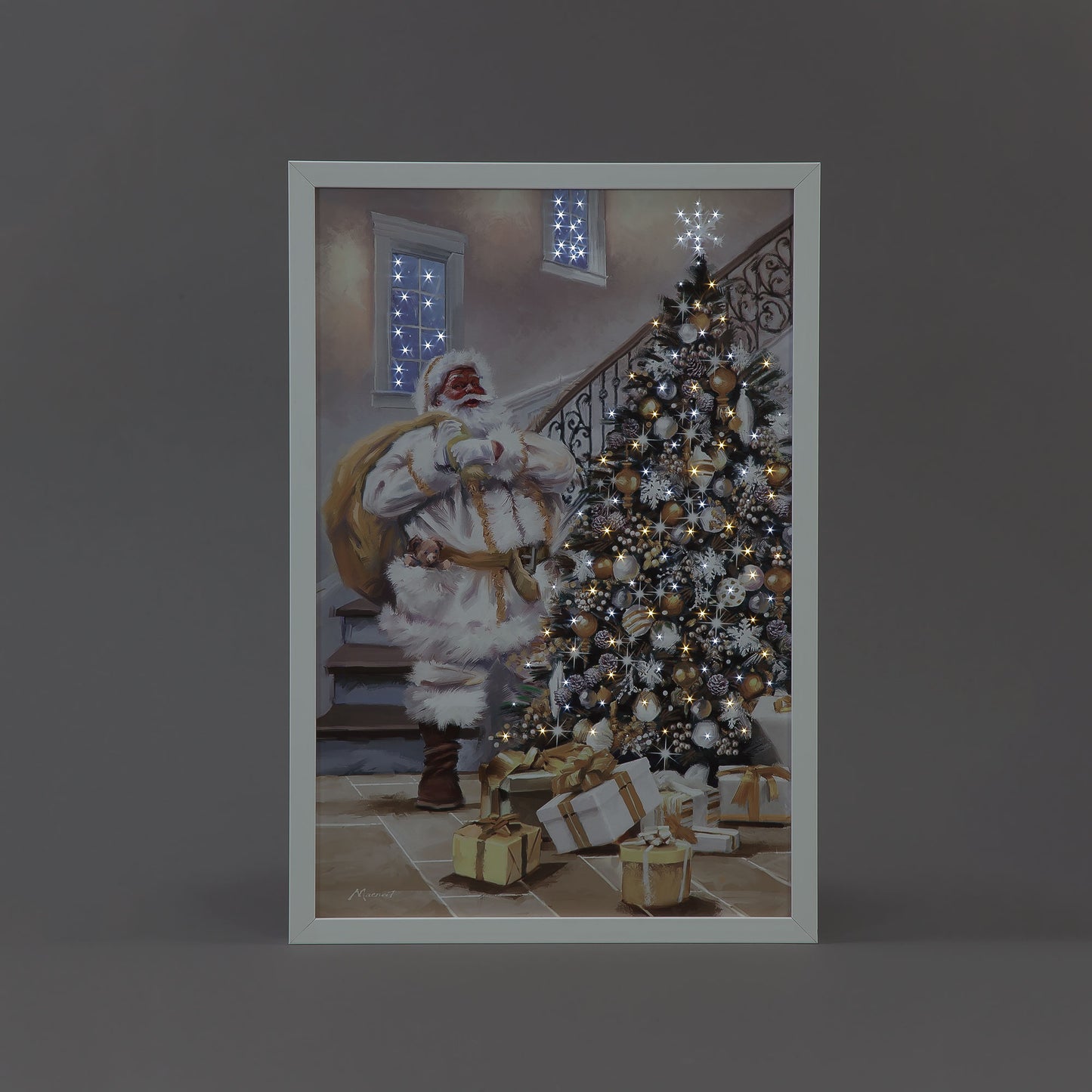 Battery Operated Fibre Optic 40x60cm Gold Santa Delivering Canvas /Remote Christmas Decoration