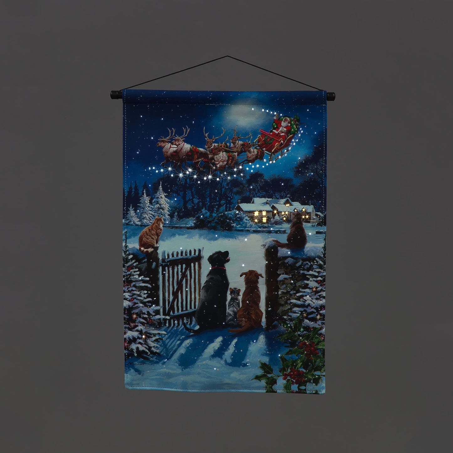 Battery Operated Fibre Optic Cats & Dogs Watching Santa Christmas Tapestry (40x60cm)