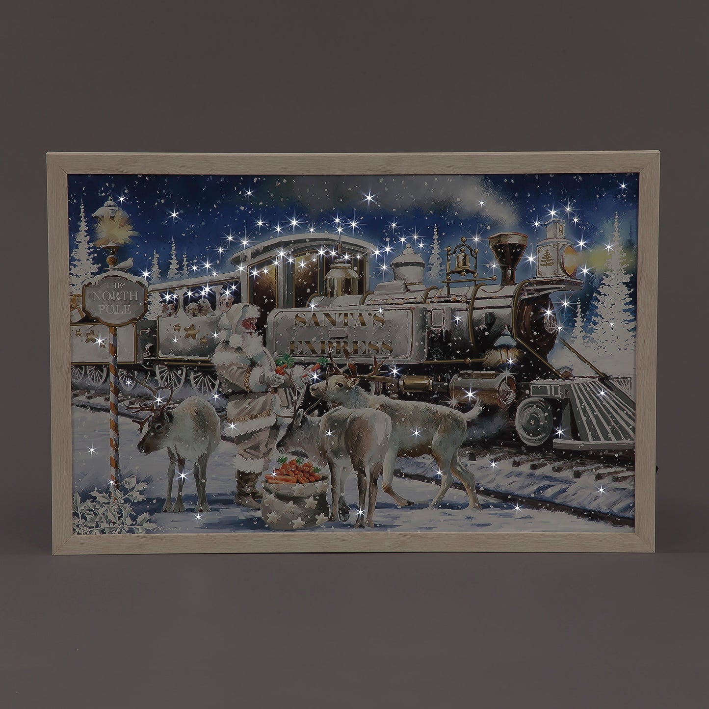 Battery Operated Fibre Optic 40x60cm Framed Canvas Santa Express White Remote Christmas Decoration