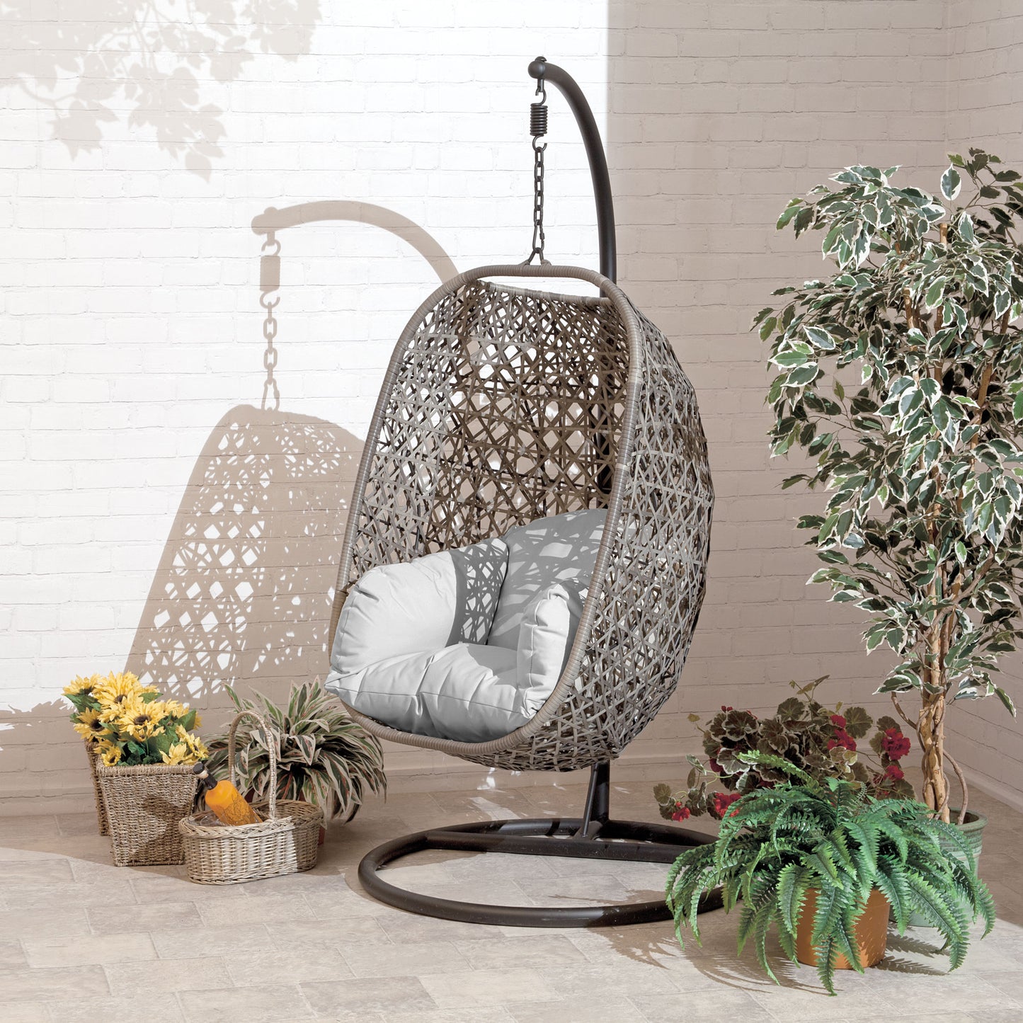 Brampton Cocoon Chair With Grey Cushion and Brown Rattan