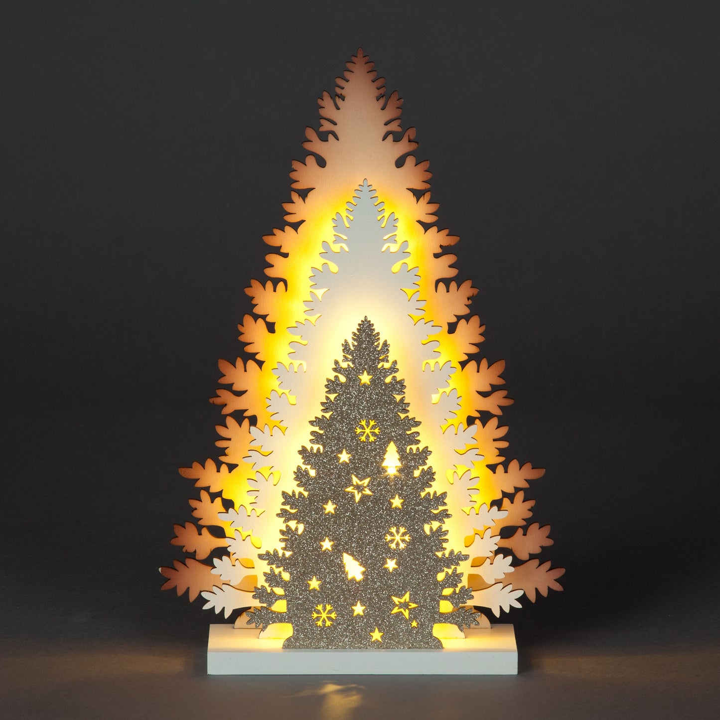 Battery Operated 33cm 3 Layer Wooden Christmas Tree With Glitter and LEDs