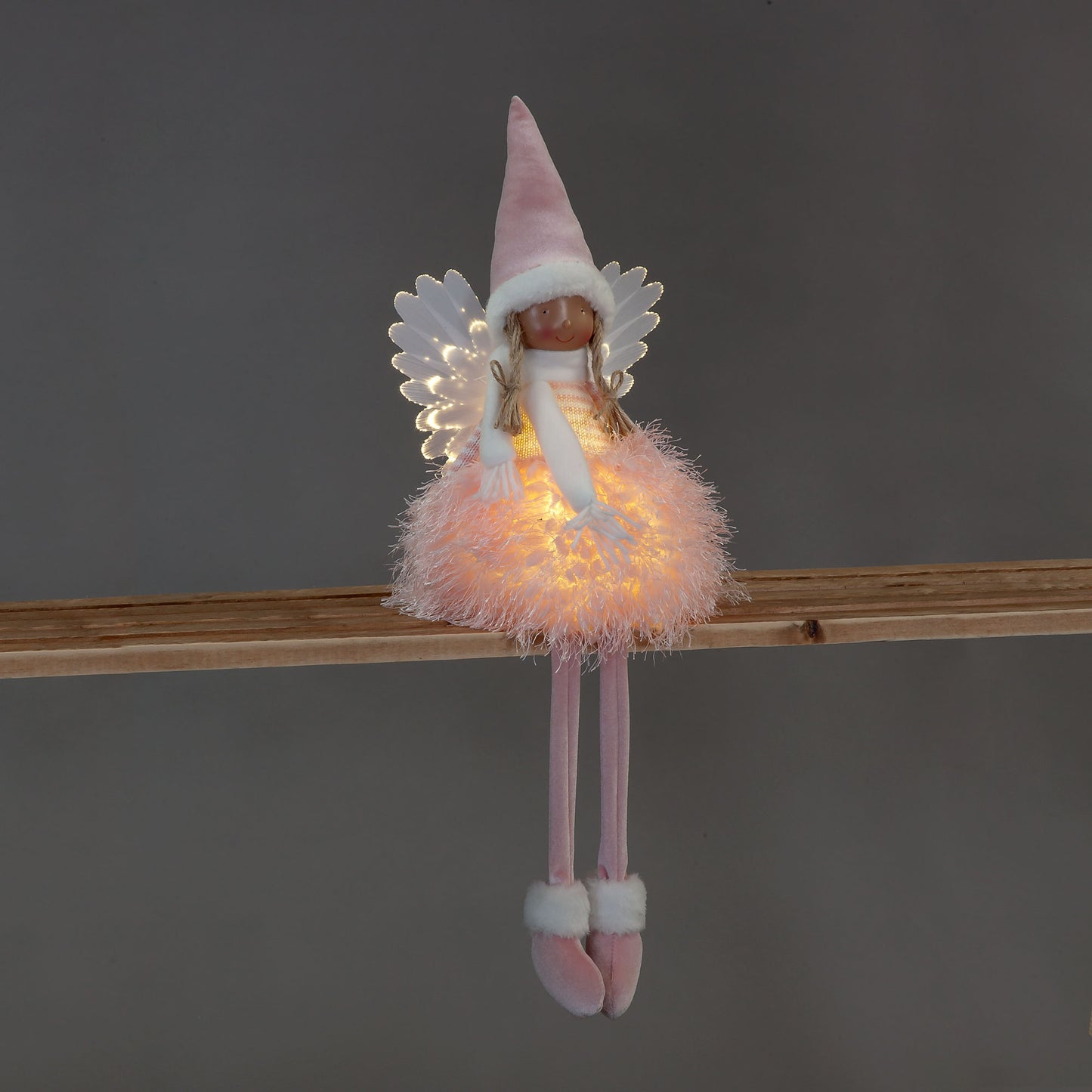 Battery Operated 56cm LED Sitting Angel Pink Fluffy Dress