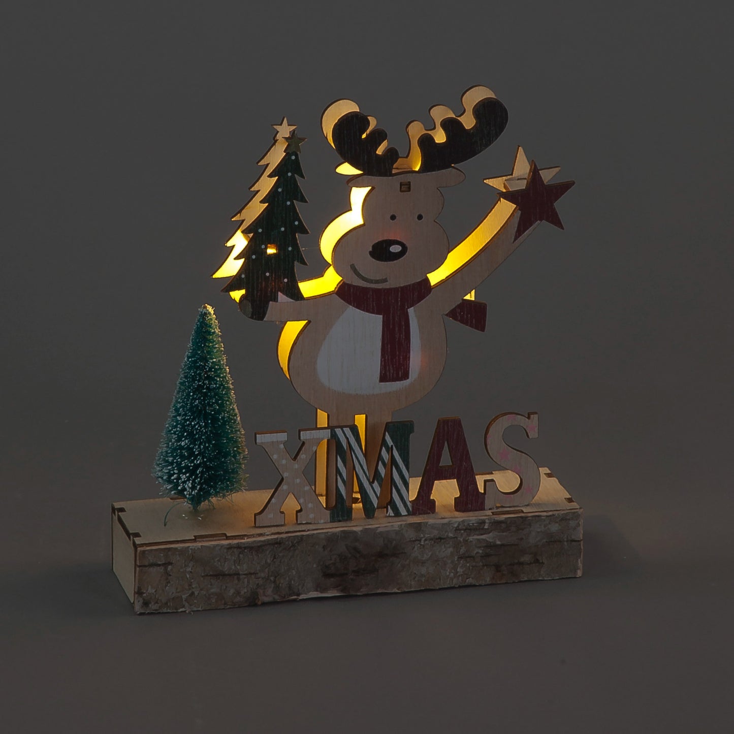 Battery Operated 16cm Wooden Reindeer on XMAS Base w/3 White LEDs Christmas Decoration