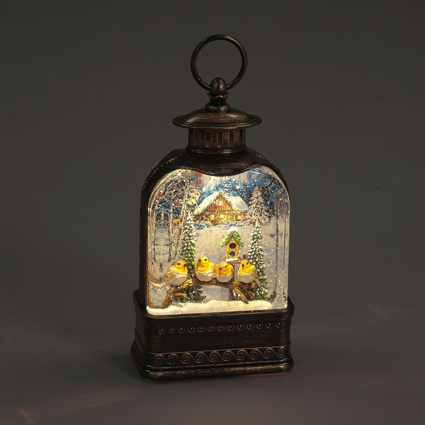 Battery Operated Round Christmas Water Lantern Featuring 4 Robins & Cabin In Woods (24cm)