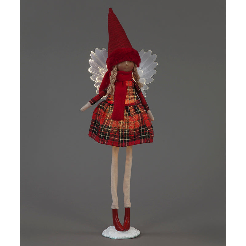 Battery Operated 54cm LED Red Tartan Angel Standing with White Wings