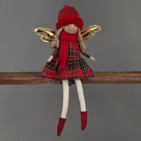 41cm Red Tartan Angel Sitting with Gold Wings