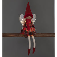 Battery Operated 50cm LED Red Tartan Angel Sitting with White Wings