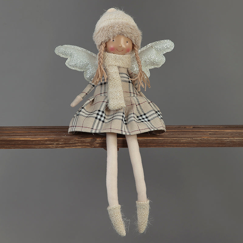 41cm Cream Tartan Angel Sitting with White Wings