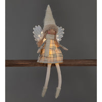 Battery Operated 50cm LED Cream Tartan Angel Sitting with White Wings