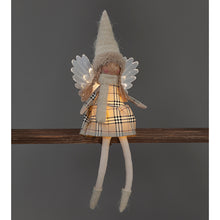 Battery Operated 50cm LED Cream Tartan Angel Sitting with White Wings