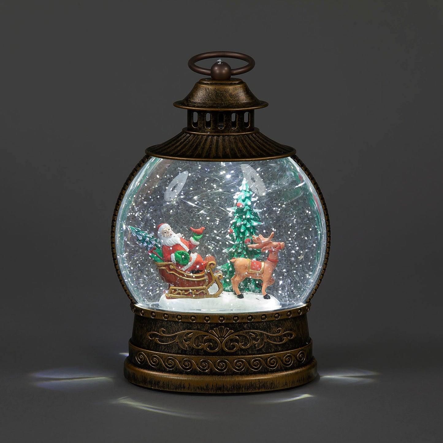 Battery Operated Christmas Water Lantern with Santa's Sleigh and Reindeer (26cm)
