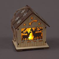 Battery Operated 10cm Wooden Hanging House w/ Deer /Warm White LED Christmas Decoration