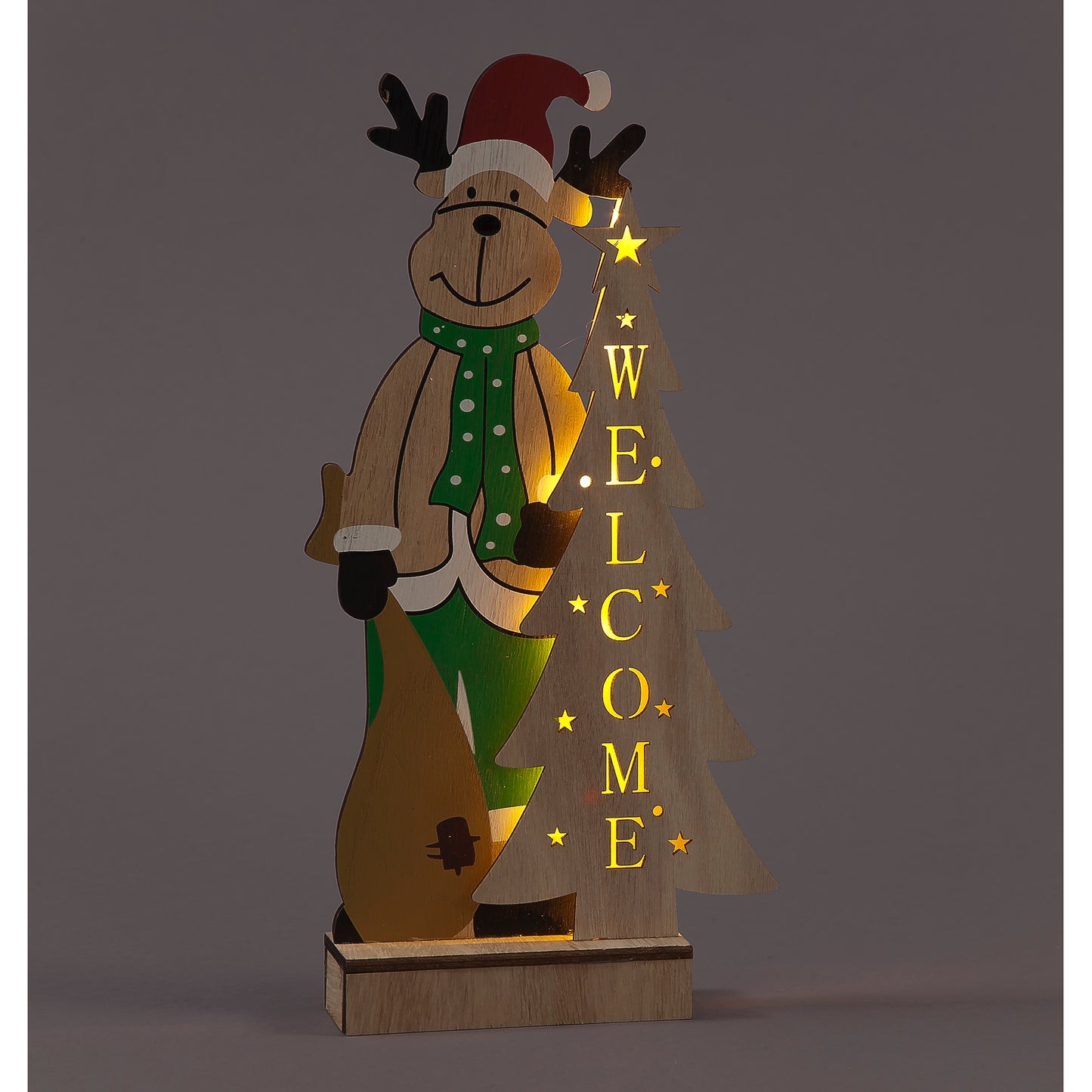 Battery Operated 29cm Wooden Reindeer & Tree w/5 Warm White LEDs Christmas Decoration