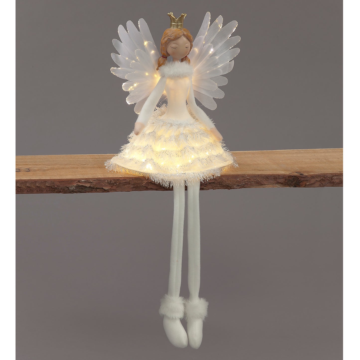 Battery Operated 53cm Silver Sitting Angel w/Crown Christmas Decoration