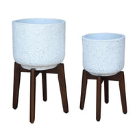 White Fibre Cement Pots With Acacia Legs Set Of Two