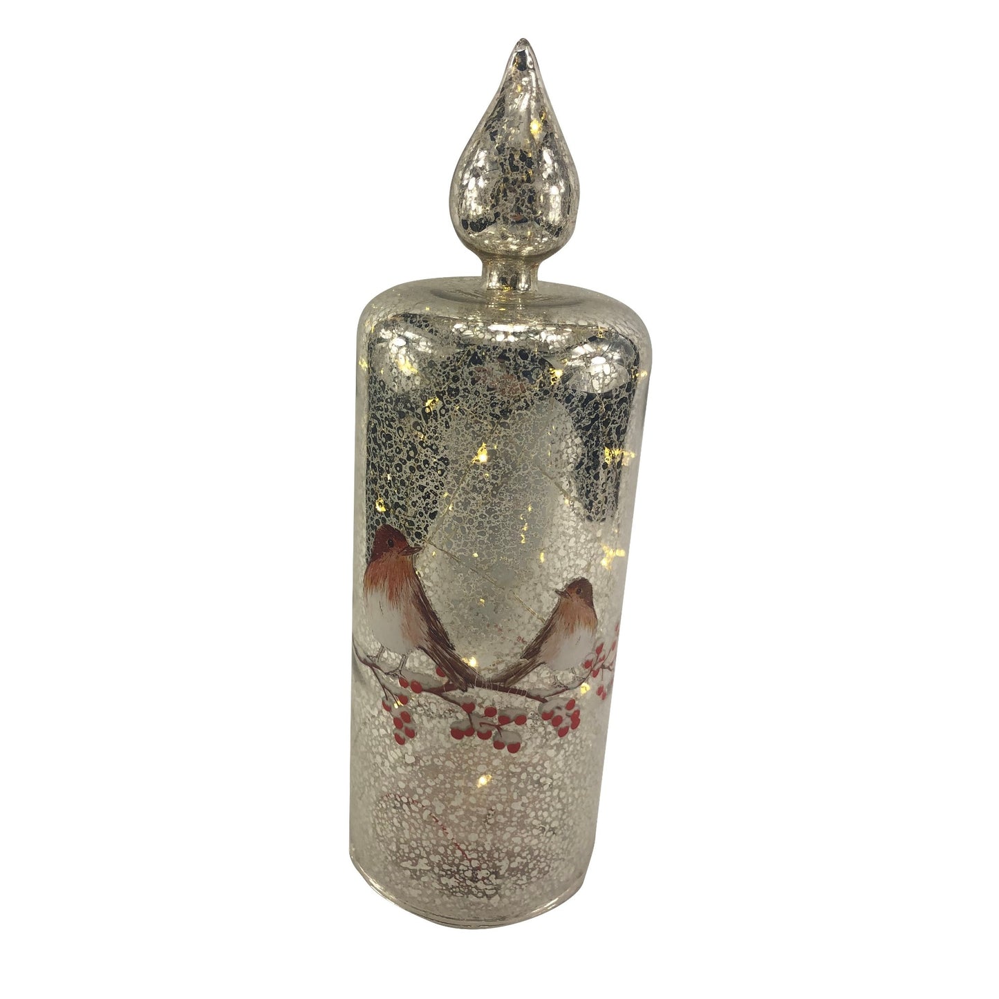 26cm Battery Operated Lit Silver Glass Candle With Robins Design