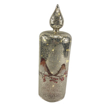26cm Battery Operated Lit Silver Glass Candle With Robins Design