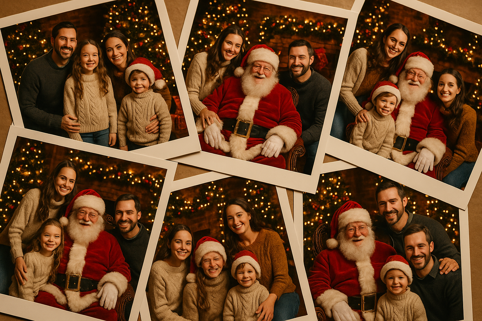 photo print outs of a family in Santa's grotto