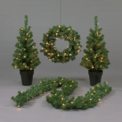 Porch Set of 2 Lit Trees, Christmas Wreath and Garland Set (90cm/90cm/60cm/270cm)